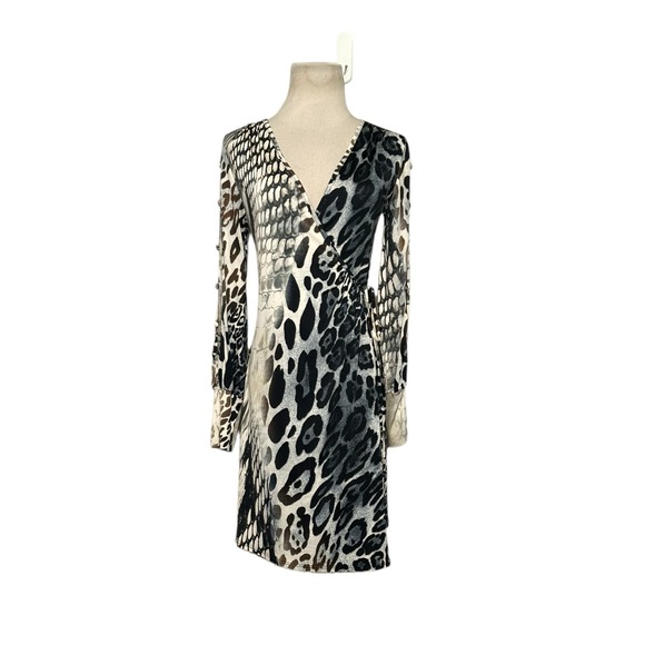 S - Twelve cream brown gray animal print long sleeves wrap dress size small - Picture 6 of 14